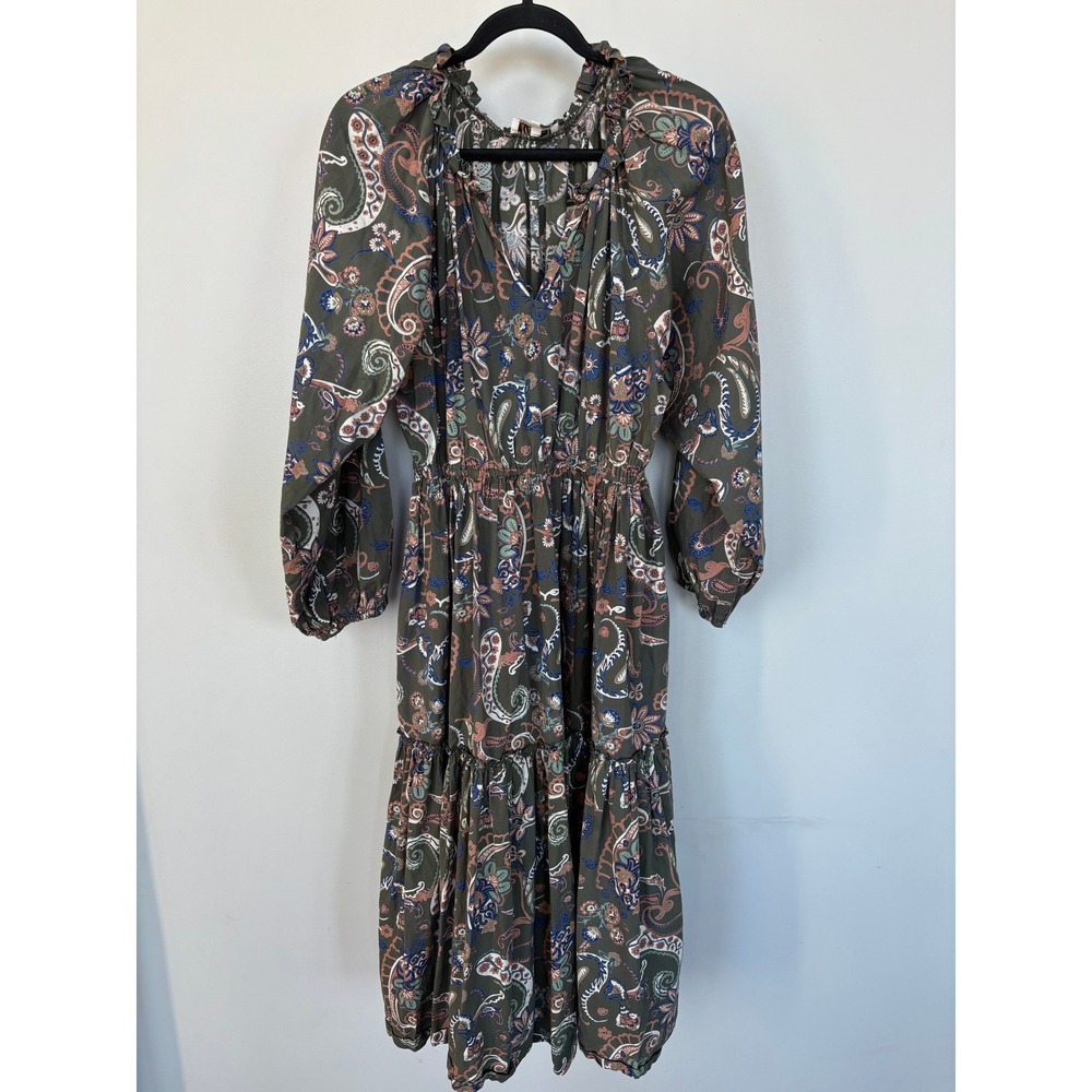 Mille Resort & Travel Paisley Cotton Midi Dress Olive Green Floral Tiered M